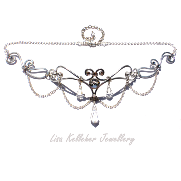 Handmade Silver Elf Queen Circlet With Chain Garland and Crystal Drops