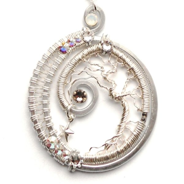 Crescent Moon Tree of Life Silver Wire Wrapped Pendant Moonlight Crystals